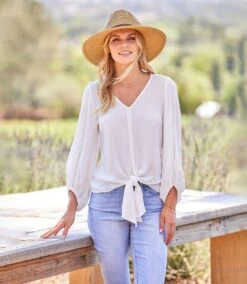 Lantern Sleeve Tie-Front Top