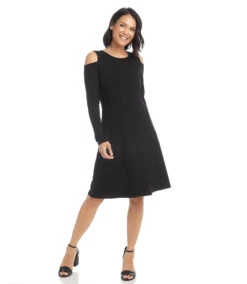 Cold Shoulder A-Line Dress 12 Cold Shoulder A-Line Dress -The Daily Drape Sales karenkane 2022 fall 3L14329 BLK 006