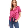 Roll Sleeve Tie Front Top