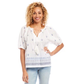 Border Print Peasant Top