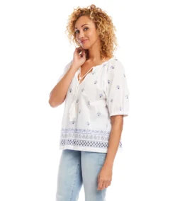 Border Print Peasant Top -The Daily Drape Sales karenkane 2L35545 OWH 003
